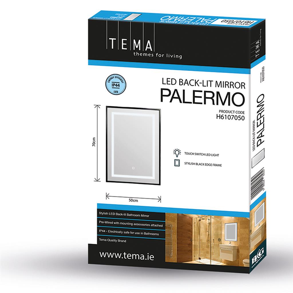 TEMA PALERMO IP44 BLACK RECT LED MIRROR 70X50