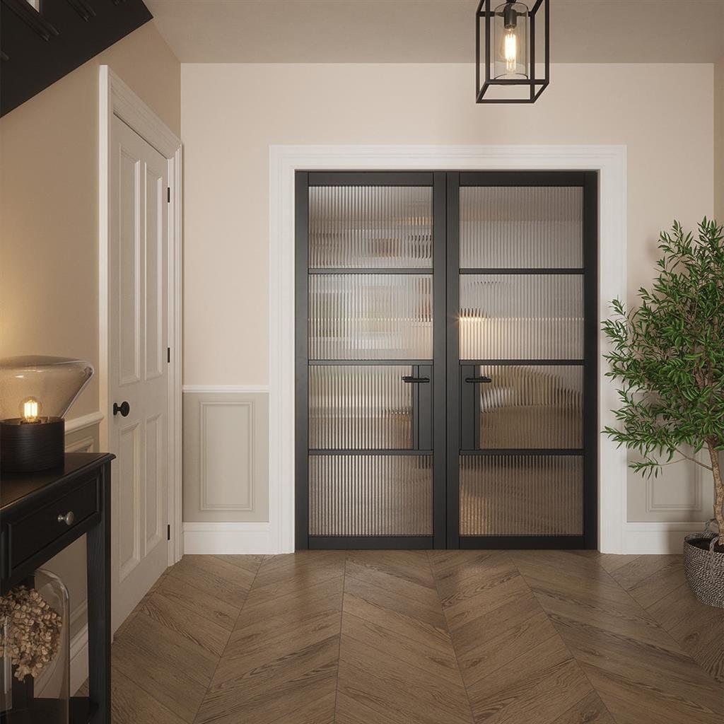 PORTLAND 4 LITE REEDED GLZ BLACK PRIMED DOOR 78x28