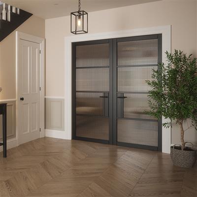 PORTLAND 4 LITE REEDED GLZ BLACK PRIMED DOOR 78x28