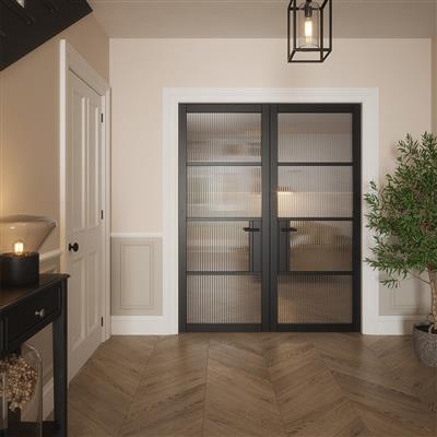 PORTLAND 4 LITE REEDED GLZ BLACK PRIMED DOOR 78x28