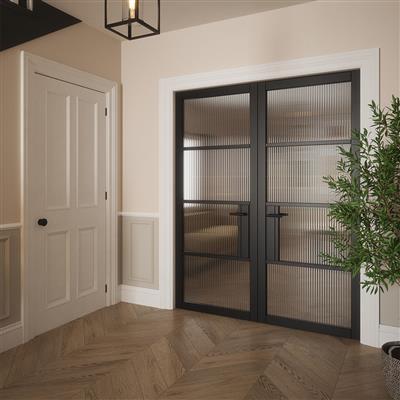 PORTLAND 4 LITE REEDED GLZ BLACK PRIMED DOOR 78x28
