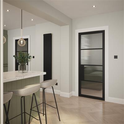 PORTLAND 4 LITE REEDED GLZ BLACK PRIMED DOOR 80x32