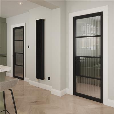 PORTLAND 4 LITE REEDED GLZ BLACK PRIMED DOOR 80x32